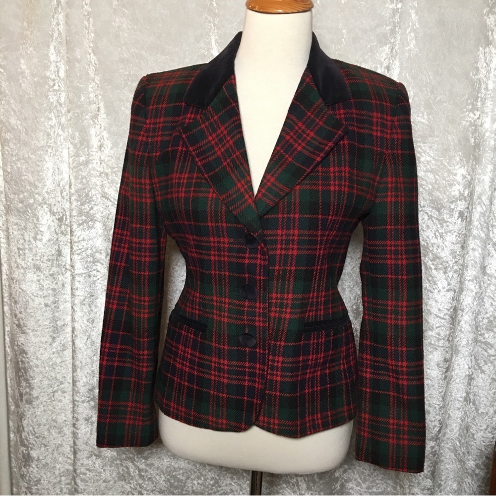 NORTON MCNAUGHTON PLAID Wool Blazer Red Green Size  8P Vintage